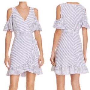 BB Dakota Blue and White Asymmetrical Ruffle Dress